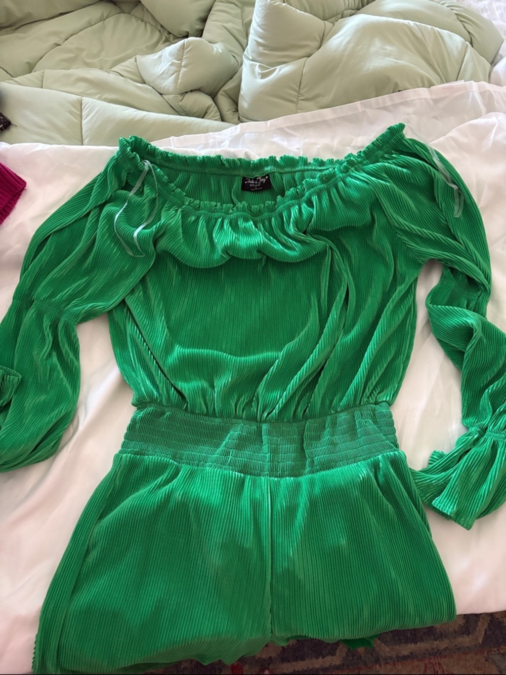Off-Shoulder Green Boot Cut Jumpsuit